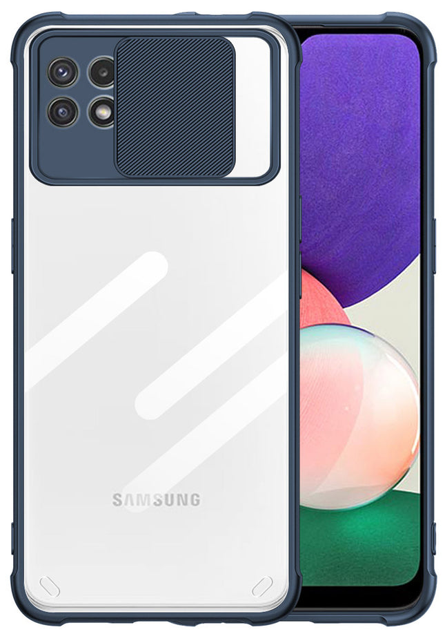 Slider Back Cover for Samsung Galaxy F42 (5G) / A22 (5G), [Military Grade Protection] Shockproof Slim Clear Camera Shield Bumper Back Case (Blue)