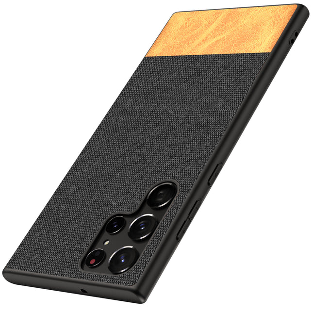 Soft Fabric & Leather Hybrid Protective Case Cover for Samsung Galaxy S22 ULTRA (Black,Brown)