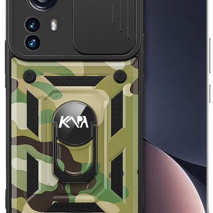 Tank Back Cover for Xiaomi 12 PRO (5G) , Inbuilt Ring + Slider Shockproof Lens  Protection Case (Green)