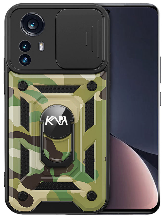 Tank Back Cover for Xiaomi 12 PRO (5G) , Inbuilt Ring + Slider Shockproof Lens  Protection Case (Green)