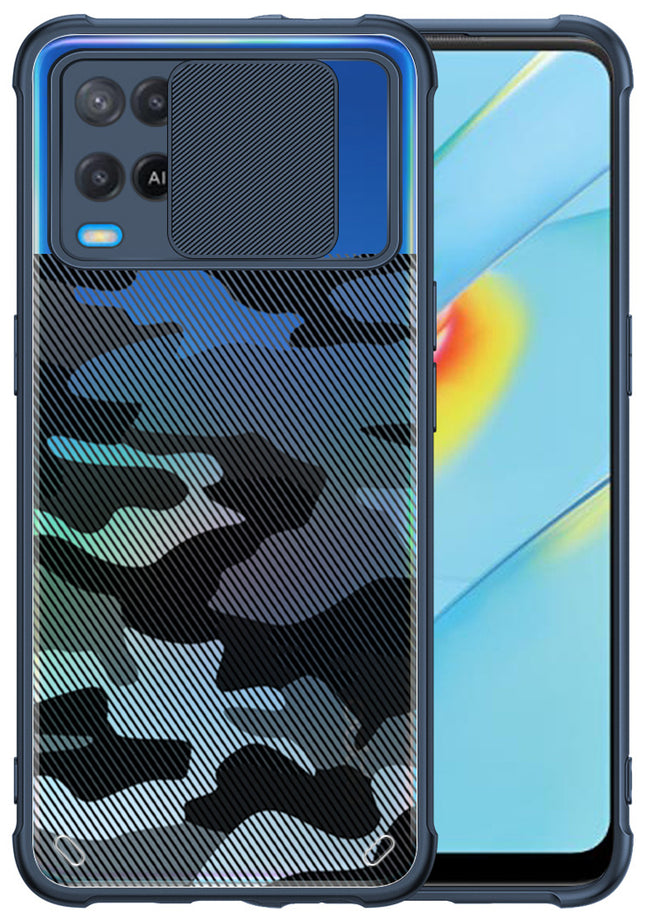 Camo Slider Back Cover for Oppo A54 , [Military Grade Protection] Shockproof Slim Clear Camera Shield Bumper Back Case (Blue)