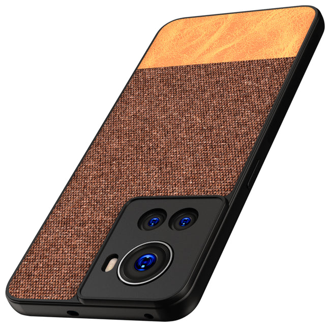 Soft Fabric & Leather Hybrid Protective Back Case Cover for Oneplus 10R (Brown)