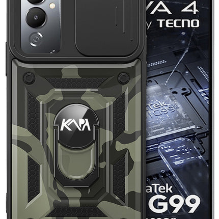 Mobizang Tank Back Cover for Tecno Pova 4 | Inbuilt Ring + Slider Shockproof Lens Protection Case (Black)