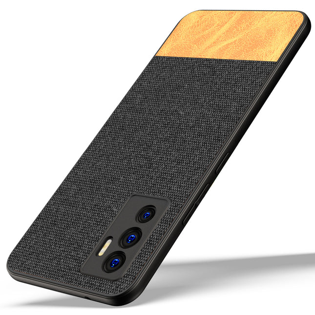 Soft Fabric & Leather Hybrid Protective Case Cover for Vivo V23E (Black ,Brown)