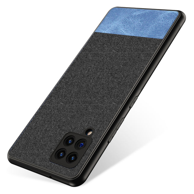 Soft Fabric & Leather Hybrid for Samsung Galaxy M42 (5G) Back Cover, Shockproof Protection Slim Hard Back Case (Black,Blue)