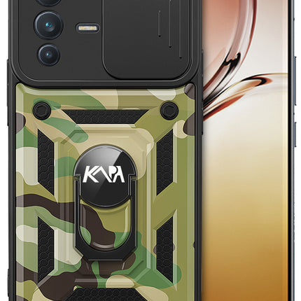 Tank Back Cover for Vivo V23 , Inbuilt Ring + Slider Shockproof Lens Protection Case (Green)