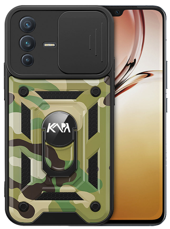Tank Back Cover for Vivo V23 , Inbuilt Ring + Slider Shockproof Lens Protection Case (Green)