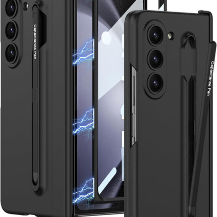 Mobizang Contrast Magnetic Hinge Case for Samsung Galaxy Z Fold 5 | Inbuilt S-Pen Holder Stand Hybrid Back Cover (Black with Black Pen)