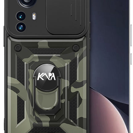 Tank Back Cover for Xiaomi 12 PRO (5G) , Inbuilt Ring + Slider Shockproof Lens  Protection Case (Black)