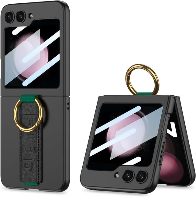 Mobizang Shockproof Protective Band Back Cover for Z Flip 5 | Wrist Strap Ring Kickstand Inbuilt Screen Tempered Glass Case , Black