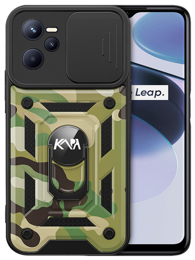 Tank Back Cover for Realme C35 , Inbuilt Ring + Slider Shockproof Lens  Protection Case (Green)