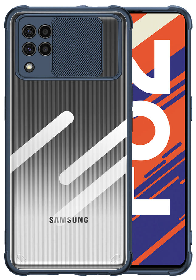 Slider Back Cover for Samsung Galaxy F62 , [Military Grade Protection] Shockproof Slim Clear Camera Shield Bumper Back Case (Blue)