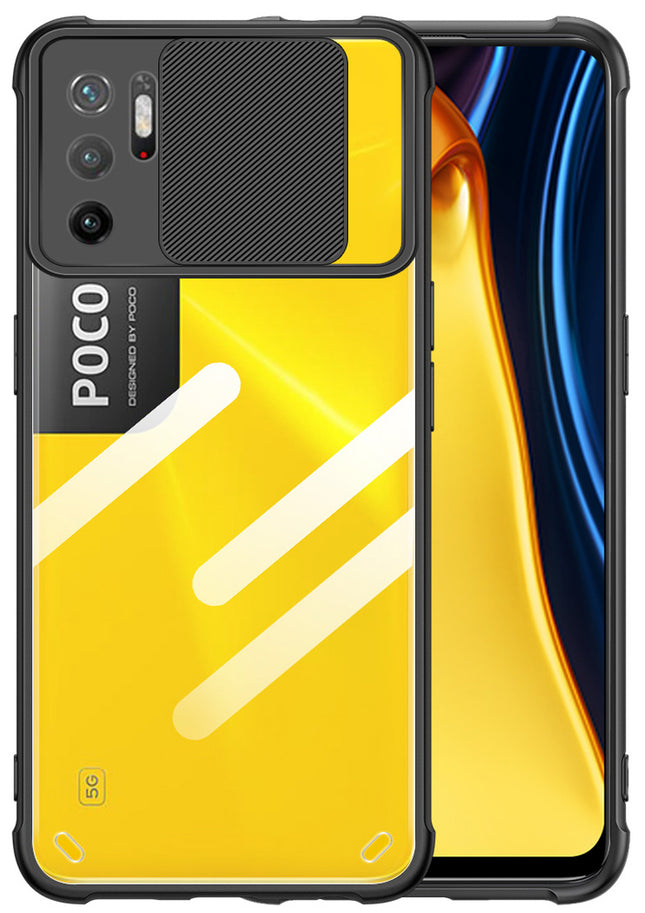 Slider Back Cover for Poco M3 PRO , [Military Grade Protection] Shockproof Slim Clear Camera Shield Bumper Back Case (Black)