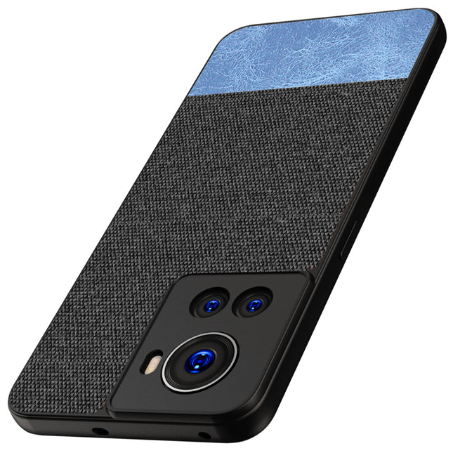 Soft Fabric & Leather Hybrid Protective Back Case Cover for Oneplus 10R (Black , Blue)