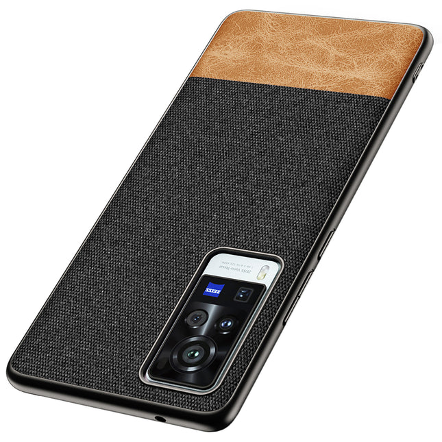 Soft Fabric & Leather Hybrid Protective Case Cover for Vivo X60 PRO (Black,Brown)