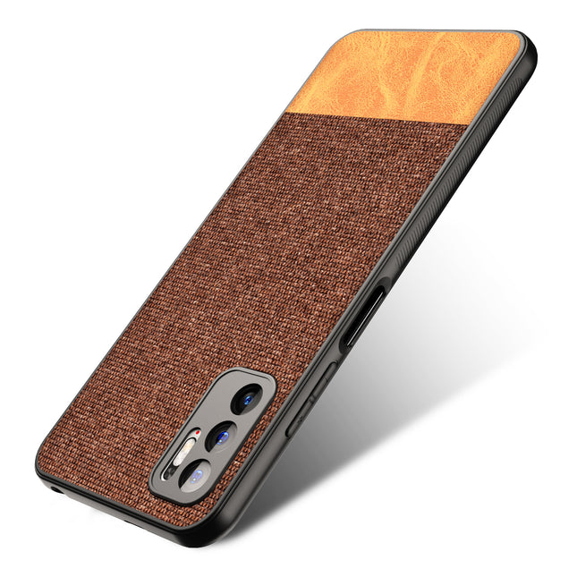 Soft Fabric & Leather Hybrid for Poco M3 Pro Back Cover, Shockproof Protection Slim Hard Back Case (Brown)