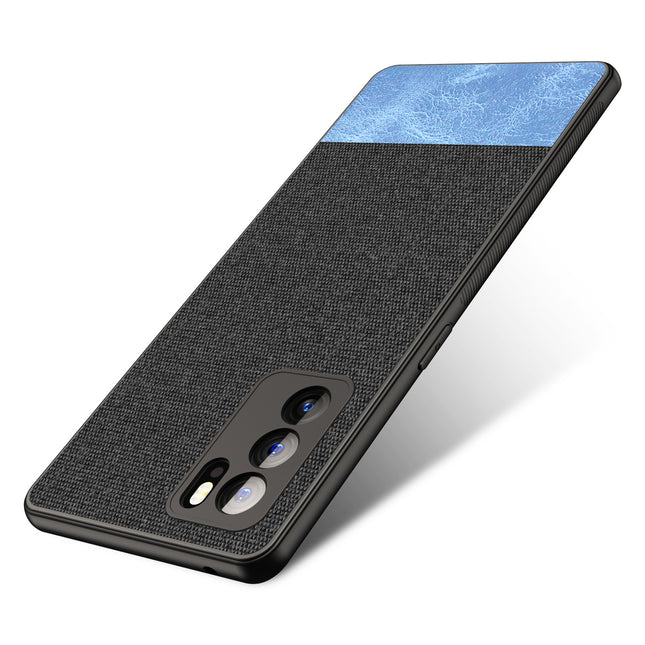 Soft Fabric & Leather Hybrid for Oppo Reno 6 Pro Back Cover, Shockproof Protection Slim Hard Back Case (Black, Blue)