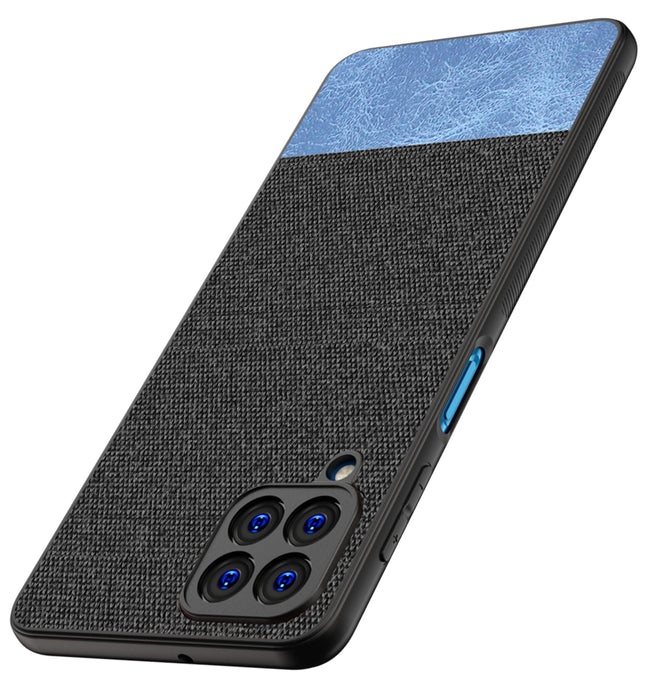 Soft Fabric & Leather Hybrid Protective Back Case Cover for Samsung Galaxy M53 (5G) (Black , Blue)