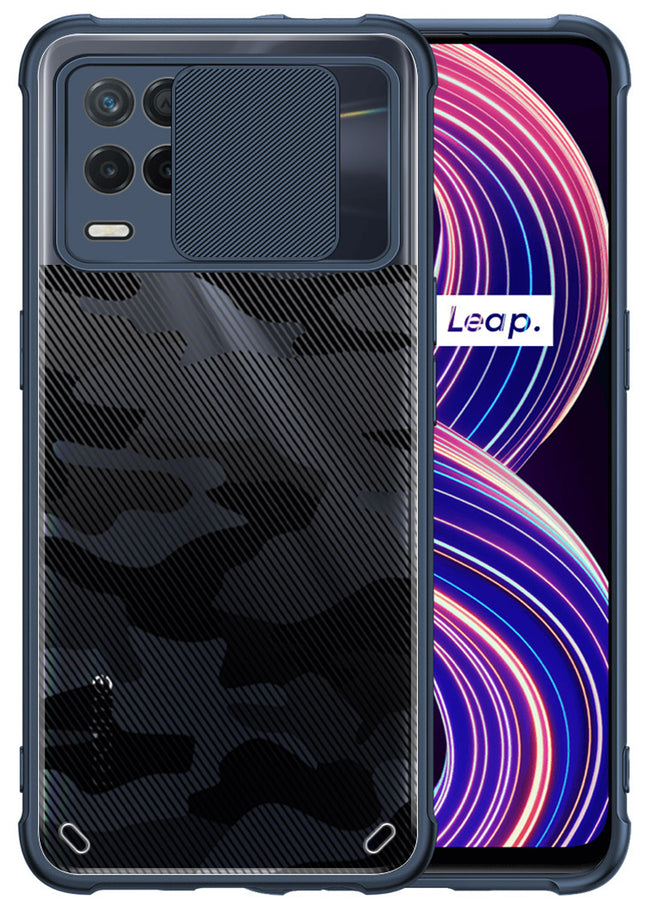 Camo Slider Back Cover for Realme 8 (5G) , [Military Grade Protection] Shockproof Slim Clear Camera Shield Bumper Back Case (Blue)
