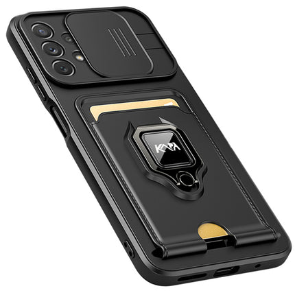 Bisen Back Cover for Samsung Galaxy A73 (5G) , Inbuilt Camera Slider ,Ring Stand and Card Pocket Shockproof Slim Bumper Back Case (Black)