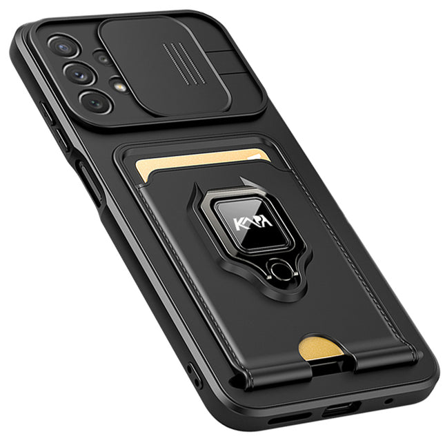 Bisen Back Cover for Samsung Galaxy A73 (5G) , Inbuilt Camera Slider ,Ring Stand and Card Pocket Shockproof Slim Bumper Back Case (Black)