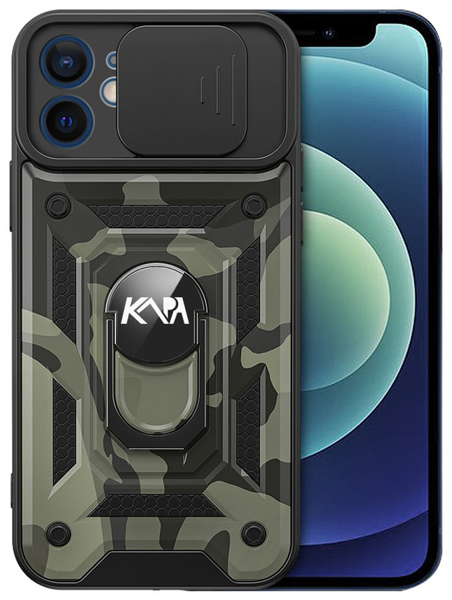 Tank Back Cover for Apple iPhone 12 (6.1) , Inbuilt Ring + Slider [Military Grade Protection] Shockproof Lens Protection Case (Black)