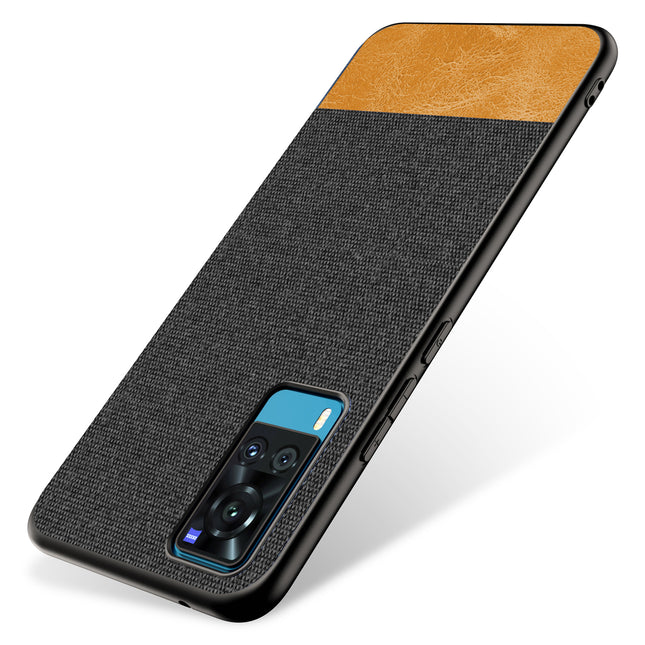 Soft Fabric & Leather Hybrid for Vivo X60 Back Cover, Shockproof Protection Slim Hard Back Case (Black,Brown)