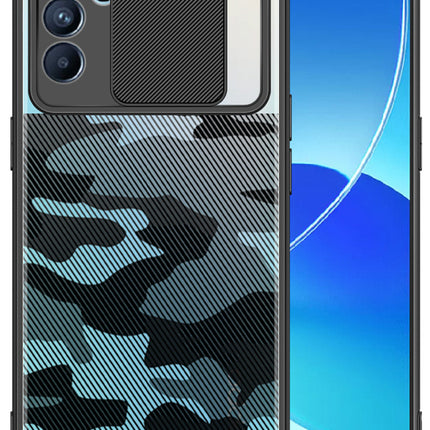 Camo Slider Back Cover for Oppo Reno 6 (5G) , [Military Grade Protection] Shockproof Slim Clear Camera Shield Bumper Back Case (Black)
