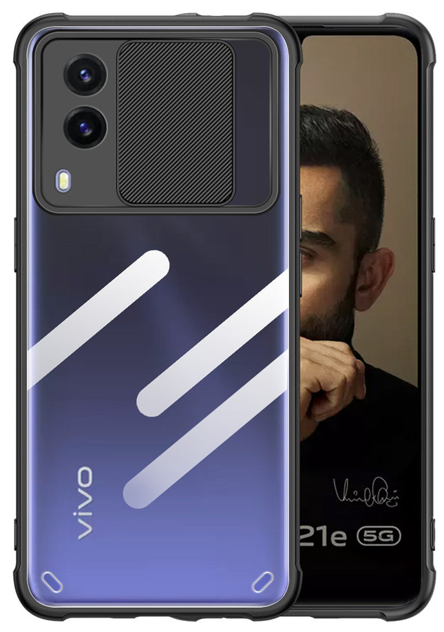 Slider Back Cover for Vivo V21E , [Military Grade Protection] Shockproof Slim Clear Camera Shield Bumper Back Case (Black)