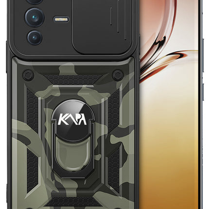 Tank Back Cover for Vivo V23 , Inbuilt Ring + Slider Shockproof Lens Protection Case (Black)