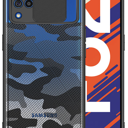 Camo Slider Back Cover for Samsung Galaxy F62 , [Military Grade Protection] Shockproof Slim Clear Camera Shield Bumper Back Case (Black)