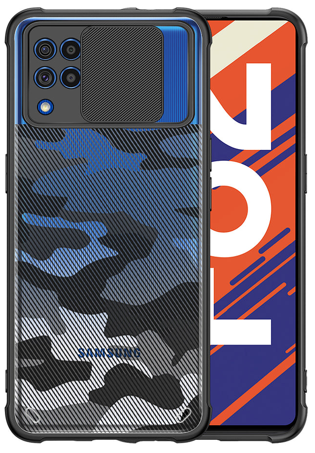 Camo Slider Back Cover for Samsung Galaxy F62 , [Military Grade Protection] Shockproof Slim Clear Camera Shield Bumper Back Case (Black)