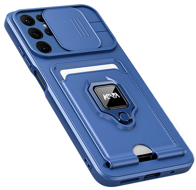 Bisen Back Cover for Samsung Galaxy S22 Ultra , Inbuilt Camera Slider ,Ring Stand and Card Pocket Shockproof Slim Bumper Back Case (Blue)