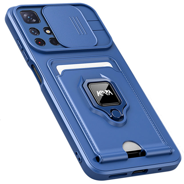 Bisen Back Cover for Redmi Note 11T  (5G) , Inbuilt Camera Slider ,Ring Stand and Card Pocket Shockproof Slim Bumper Back Case (Blue)