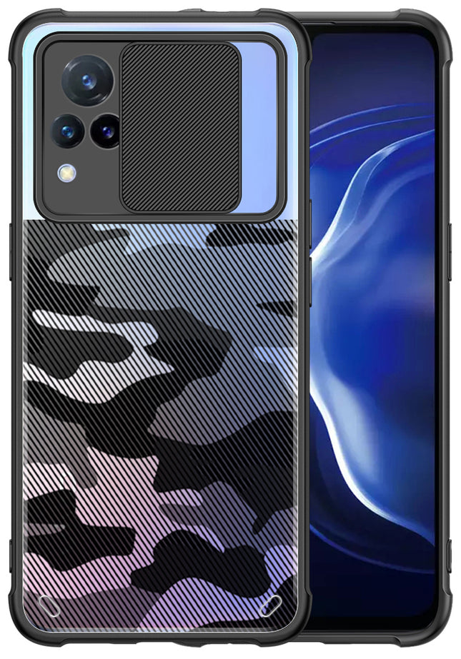 Camo Slider Back Cover for Vivo V21 , [Military Grade Protection] Shockproof Slim Clear Camera Shield Bumper Back Case (Black)