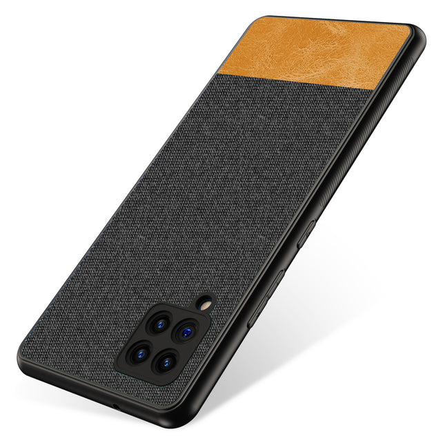 Soft Fabric & Leather Hybrid for Samsung Galaxy M42 (5G) Back Cover, Shockproof Protection Slim Hard Back Case (Black,Brown)