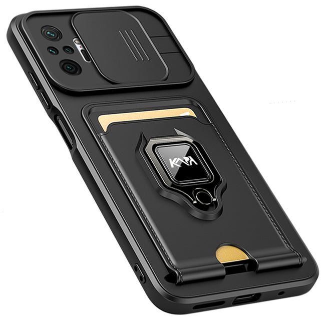 Mobizang Bisen Back Cover for Redmi Note 10 Pro / Note 10 Pro Max , Inbuilt Camera Slider Ring Stand and Card Pocket Shockproof Slim Bumper Back Case (Black)