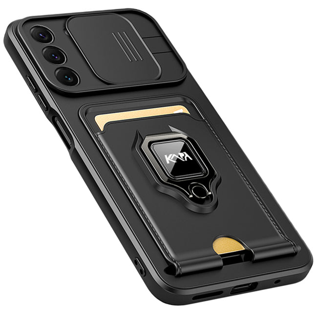 Bisen Back Cover for Samsung Galaxy S22 Plus , Inbuilt Camera Slider ,Ring Stand and Card Pocket Shockproof Slim Bumper Back Case (Black)
