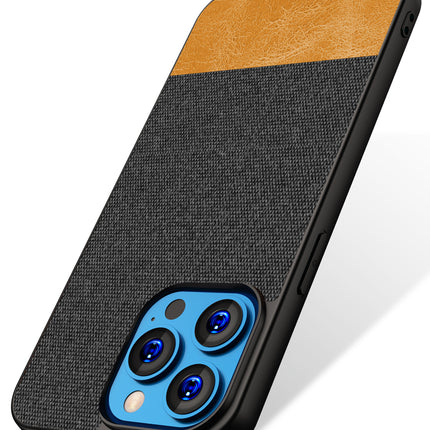 Mobizang Soft Fabric & Leather Hybrid Protective Back Case Cover for Apple iPhone 14 Mini (Black,Brown)