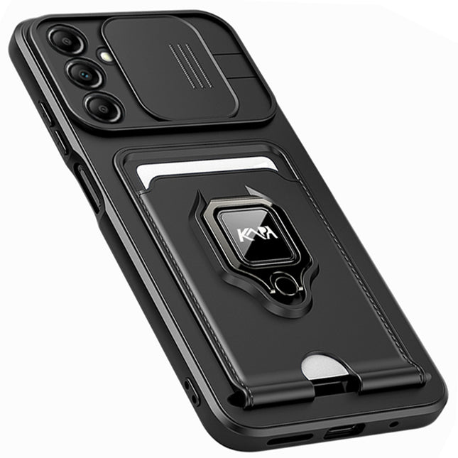 Mobizang Bisen Back Cover for Samsung Galaxy A34 (5G) | Inbuilt Camera Slider Ring Stand and Card Pocket Shockproof Slim Bumper Back Case (Black)