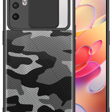 Camo Slider Back Cover for Poco M3 PRO / Redmi Note 10T 5G , [Military Grade Protection] Shockproof Slim Clear Camera Shield Bumper Back Case (Black)