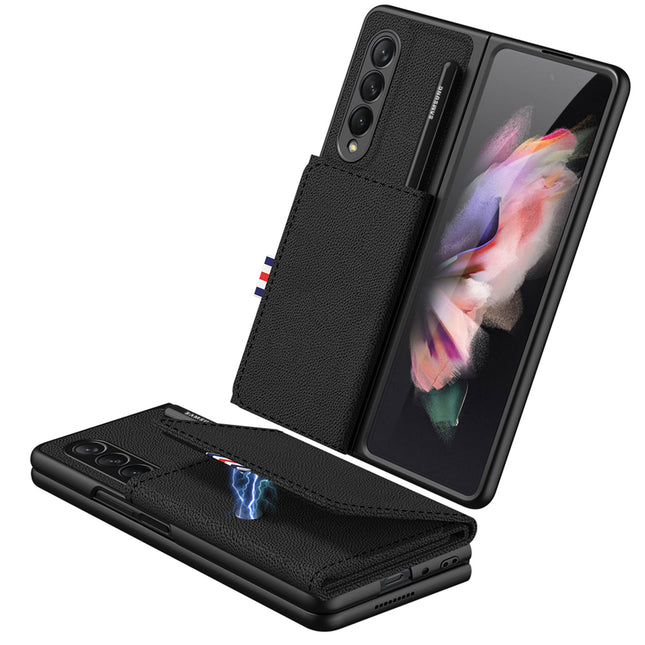 Leather Case With S Pen Holder for Samsung Galaxy Z Fold3 , Inbuilt Magnetic Wallet Stand Protection Back Cover, Black