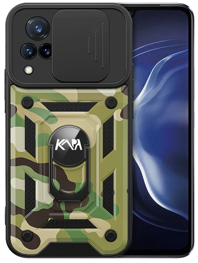 Tank Back Cover for Vivo V21 , Inbuilt Ring & Slider [Military Grade Protection] Shockproof Lens Protection Case (Green)