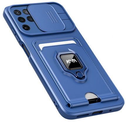 Bisen Back Cover for Oppo F19 Pro , Inbuilt Camera Slider ,Ring Stand and Card Pocket Shockproof Slim Bumper Back Case (Blue)