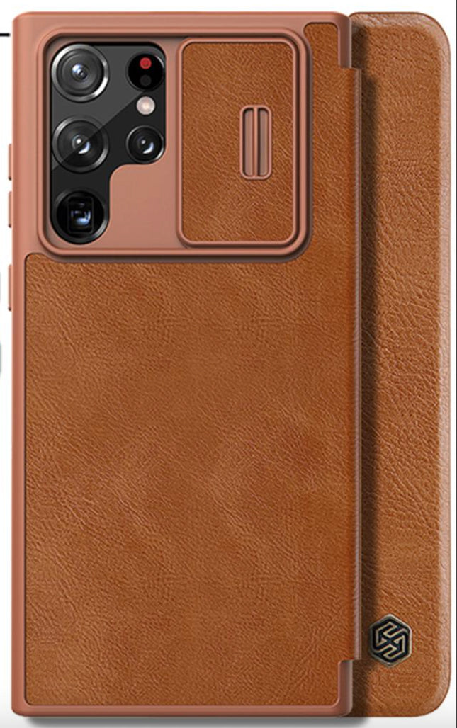 Nillkin Qin Series Leather Flip Case Cover for Samsung Galaxy S22 Ultra (Brown)