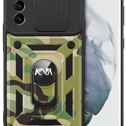 Tank Back Cover for Samsung Galaxy S22 Plus , Inbuilt Ring + Slider Shockproof Lens Protection Case (Green)