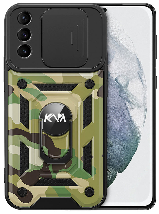 Tank Back Cover for Samsung Galaxy S22 Plus , Inbuilt Ring + Slider Shockproof Lens Protection Case (Green)