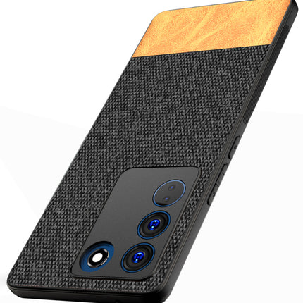 Mobizang Soft Fabric & Leather Hybrid for Vivo V27 (5G) Back Cover | Shockproof Hybrid Slim Hard Anti Slip Back Case (Black, Brown)