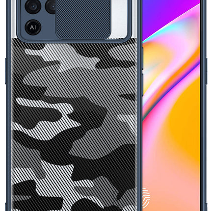 Camo Slider Back Cover for Oppo F19 PRO , [Military Grade Protection] Shockproof Slim Clear Camera Shield Bumper Back Case (Blue)