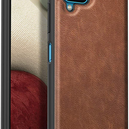 Tux Back Case for Samsung Galaxy A12 / F12 / M12 , Slim Leather Case with Soft Edge Shockproof Back Cover (Brown)